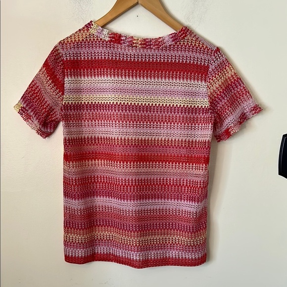 Zara Striped Red and Pink Open Knit Mesh Sheer Short Sleeve Blouse Top Size M - Picture 3 of 4